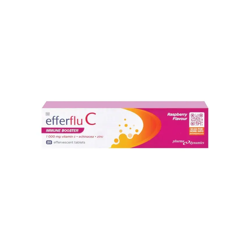 Angled view of Pharma Dynamics Efferflu C Immune Booster Raspberry Flavour 20 effervescent tablets box