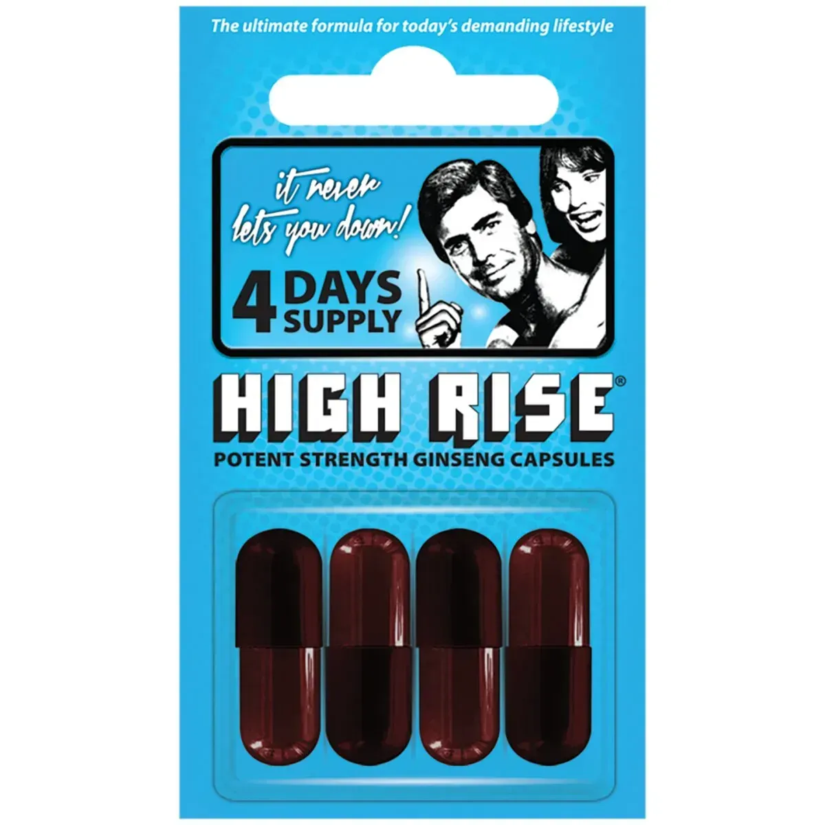 Front of HIGH RISE Potent Strength Ginseng Capsules 4 capsule blister pack