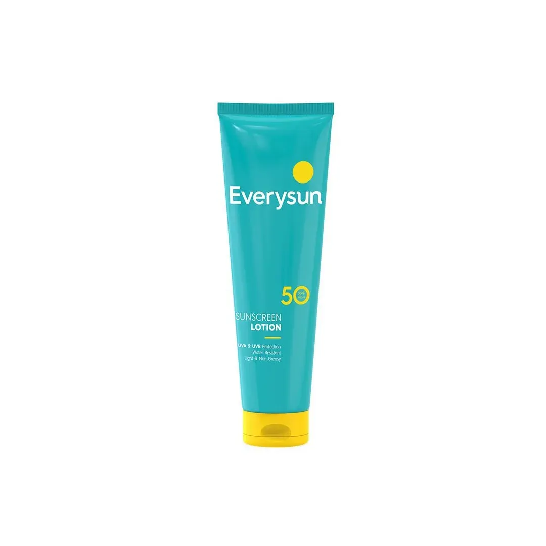 Front of Everysun SPF50 Sunscreen Lotion 100 ml tube on white background