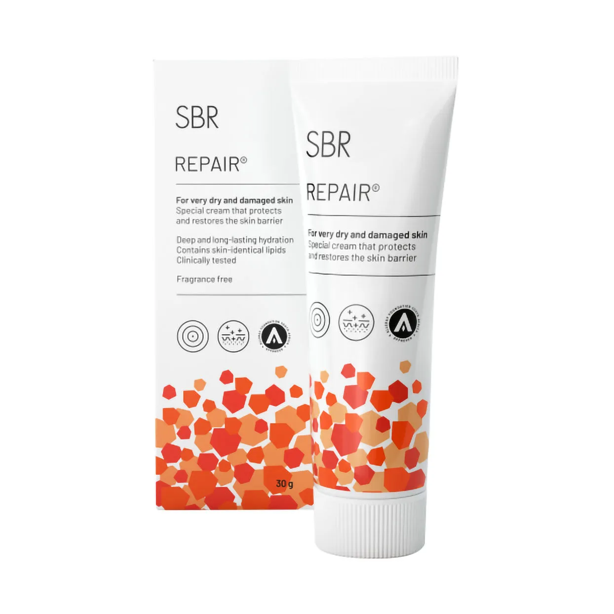 Front of SBR-Repair Cream 30g carton and tube