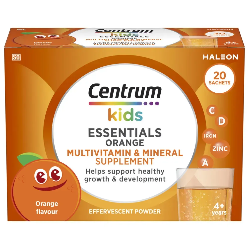 Front of Centrum Kids Essentials Orange Effervescent Powder Sachets 20 box