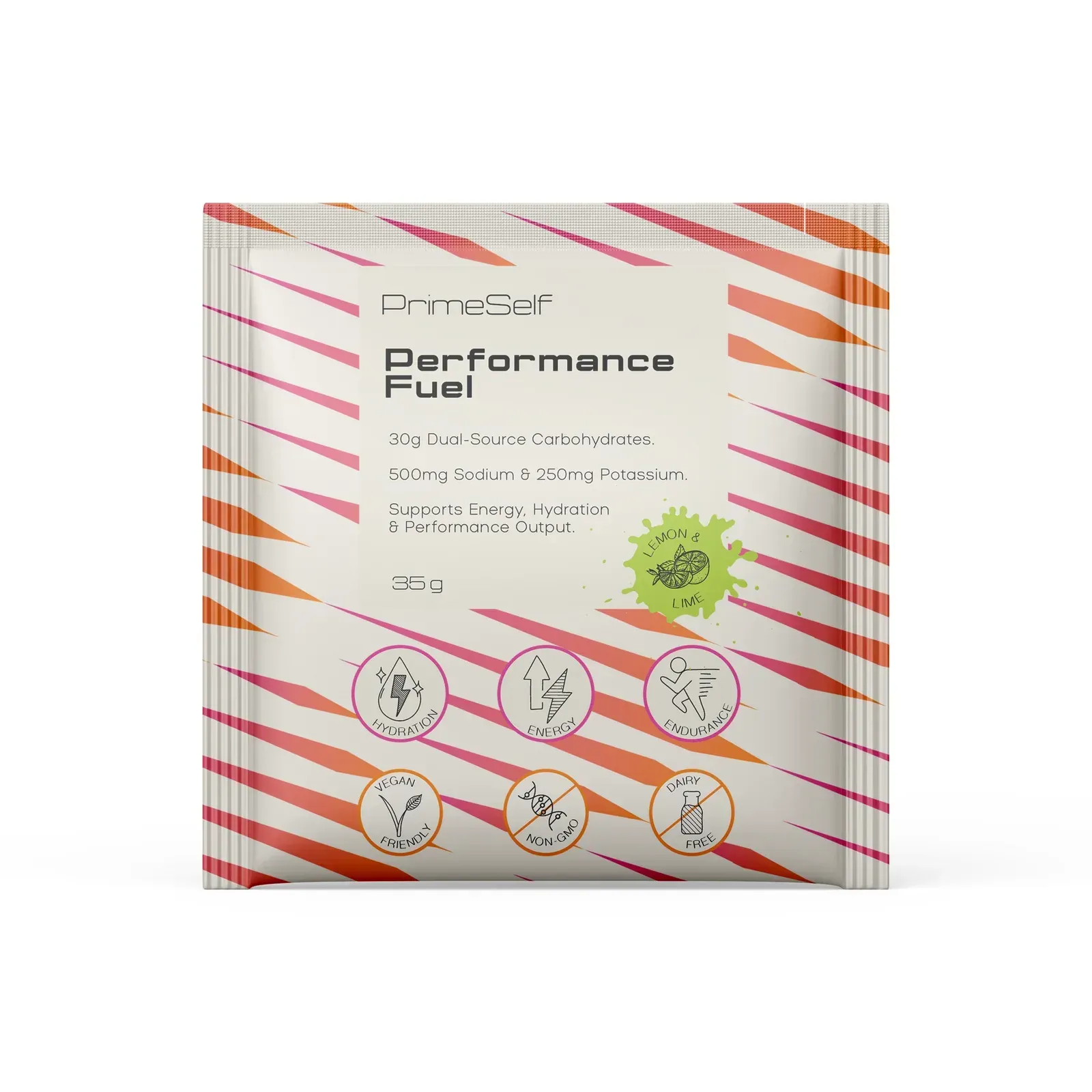 Front of Prime Self Performance Fuel 35 g sachet, Lemon & Lime flavour
