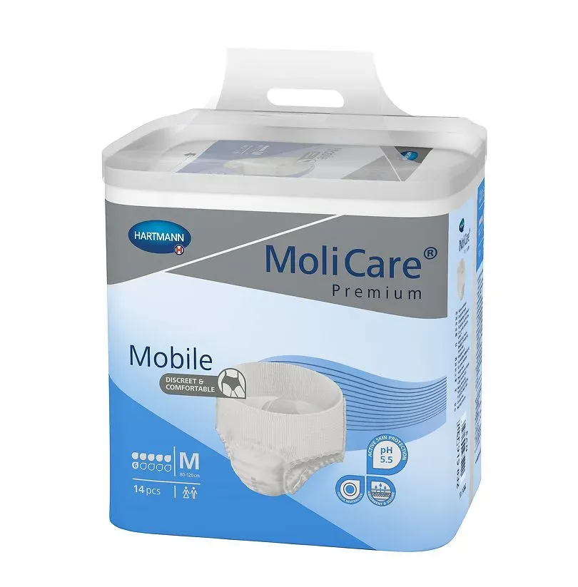 Front of MoliCare Premium Mobile Pull-Up Pants 6 Drop Blue Medium, 14 pants pack
