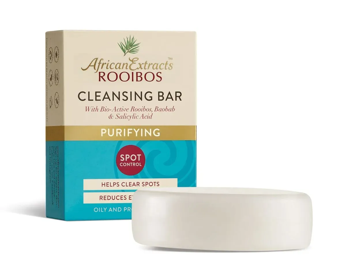 Front view of African Extracts Rooibos Purifying Cleansing Bar 75g box with soap bar on white background