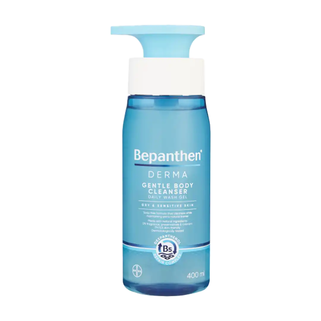 Front of Bepanthen Derma Gentle Body Cleanser Daily Wash Gel 400 ml pump bottle on white background