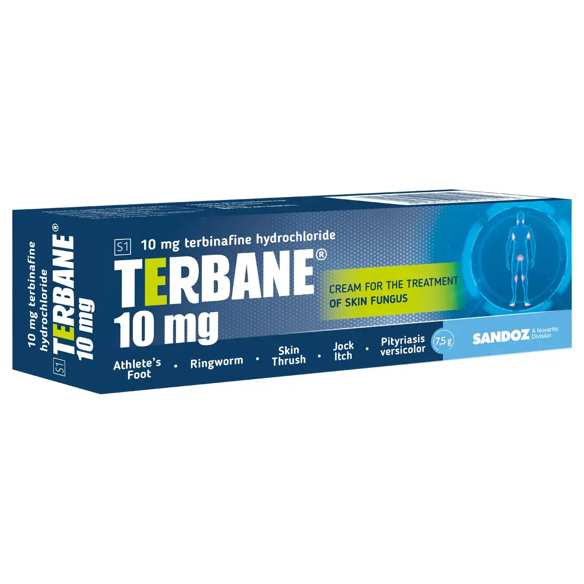 Angled view of Sandoz Terbane 10mg/g Cream for skin fungus, 7.5 g box