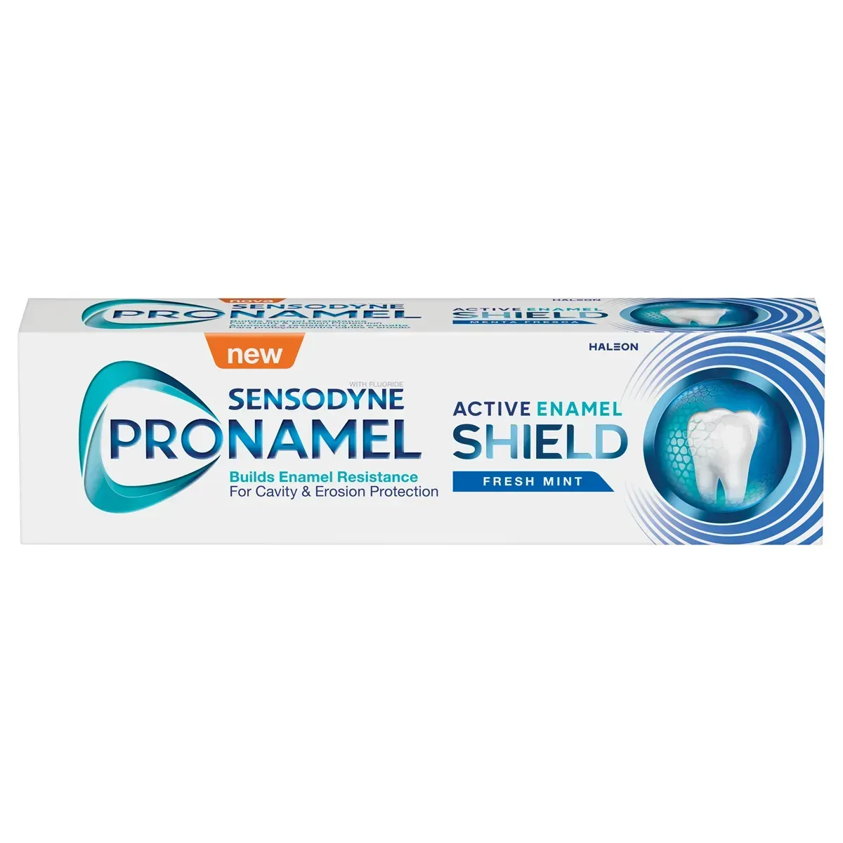 Front of Sensodyne Pronamel Active Enamel Shield Fresh Mint toothpaste box 75 ml