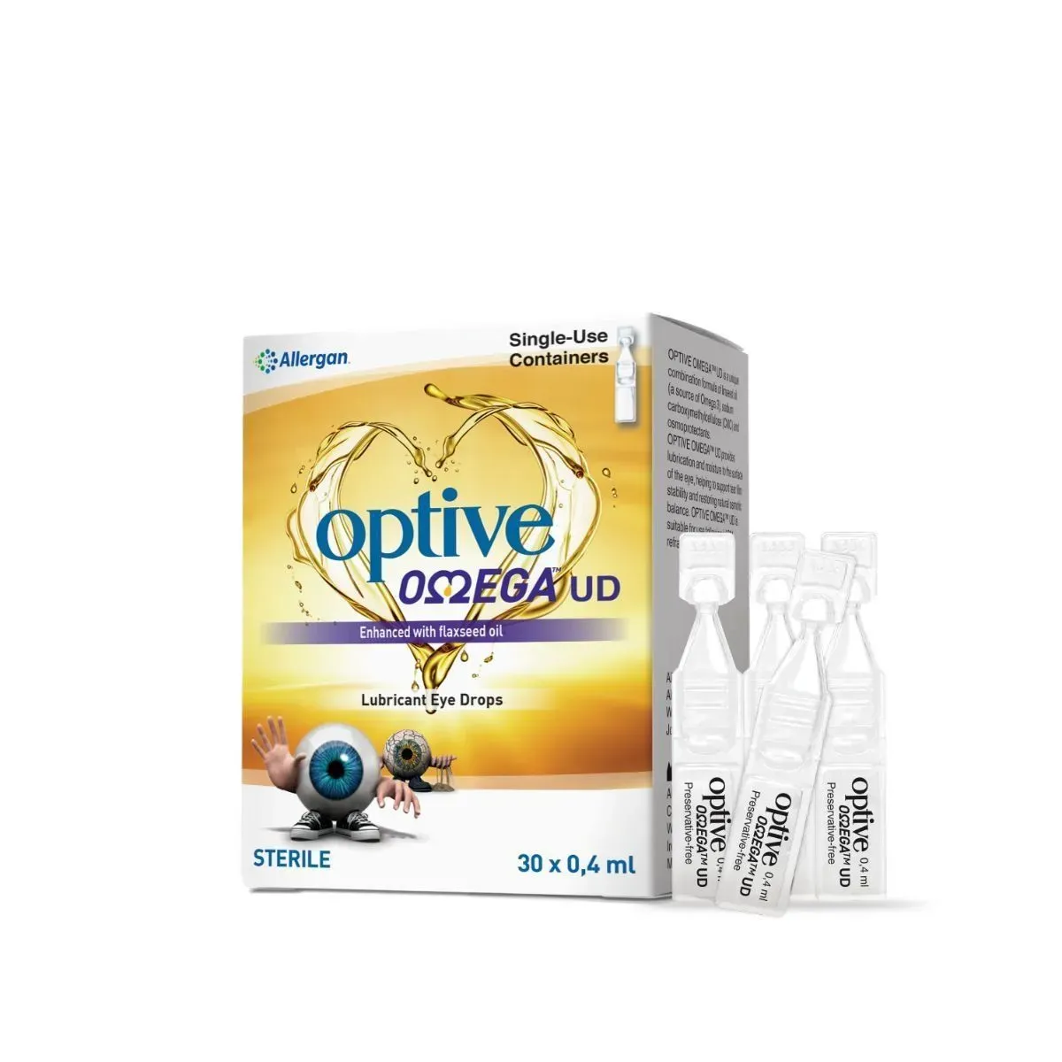 Front angled view of Allergan Optive Omega UD Lubricant Eye Drops box with 30 x 0.4 ml single-use vials