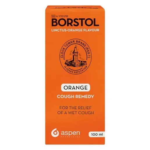Front of Aspen Borstol Orange Cough Remedy 100 ml box