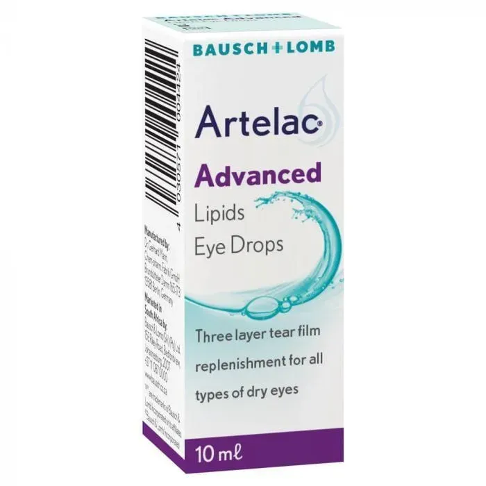 Angled view of Bausch & Lomb Artelac Advanced Lipids Eye Drops 10 ml box