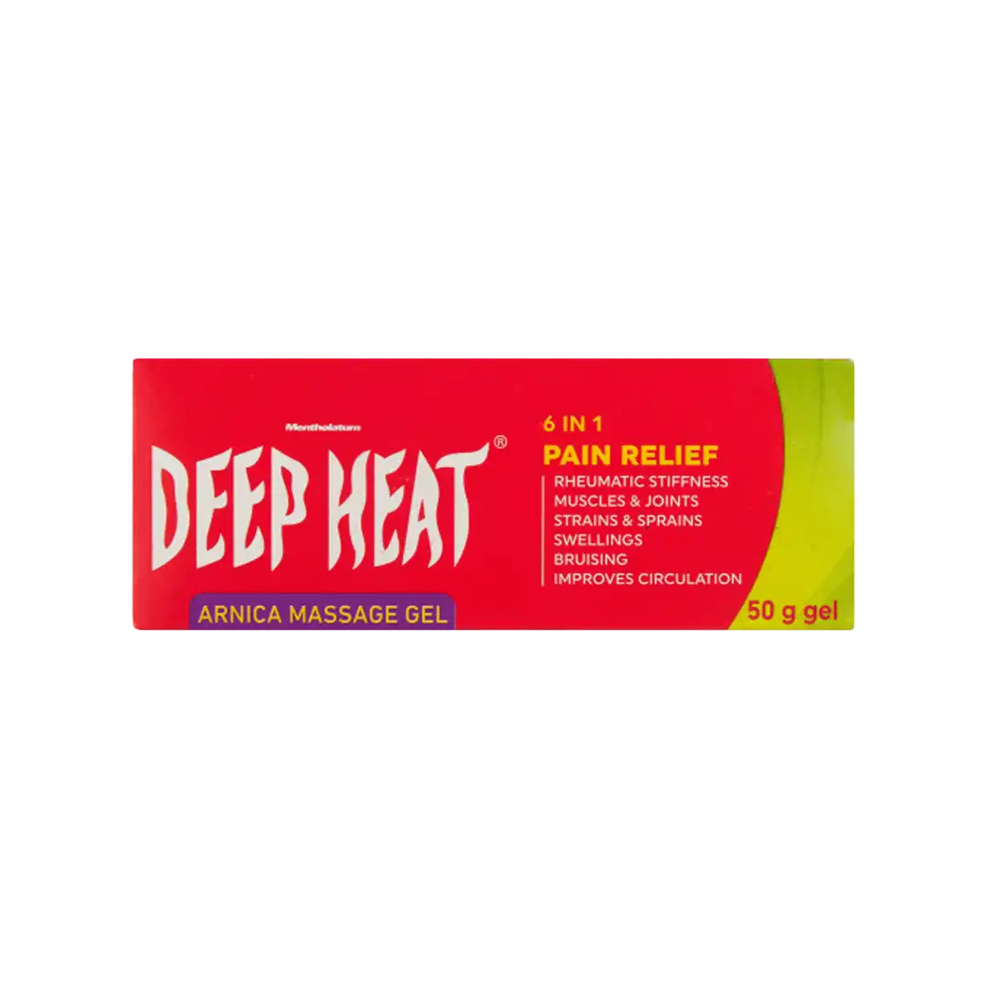 Front of Deep Heat Arnica Massage Gel 50 g box on white background