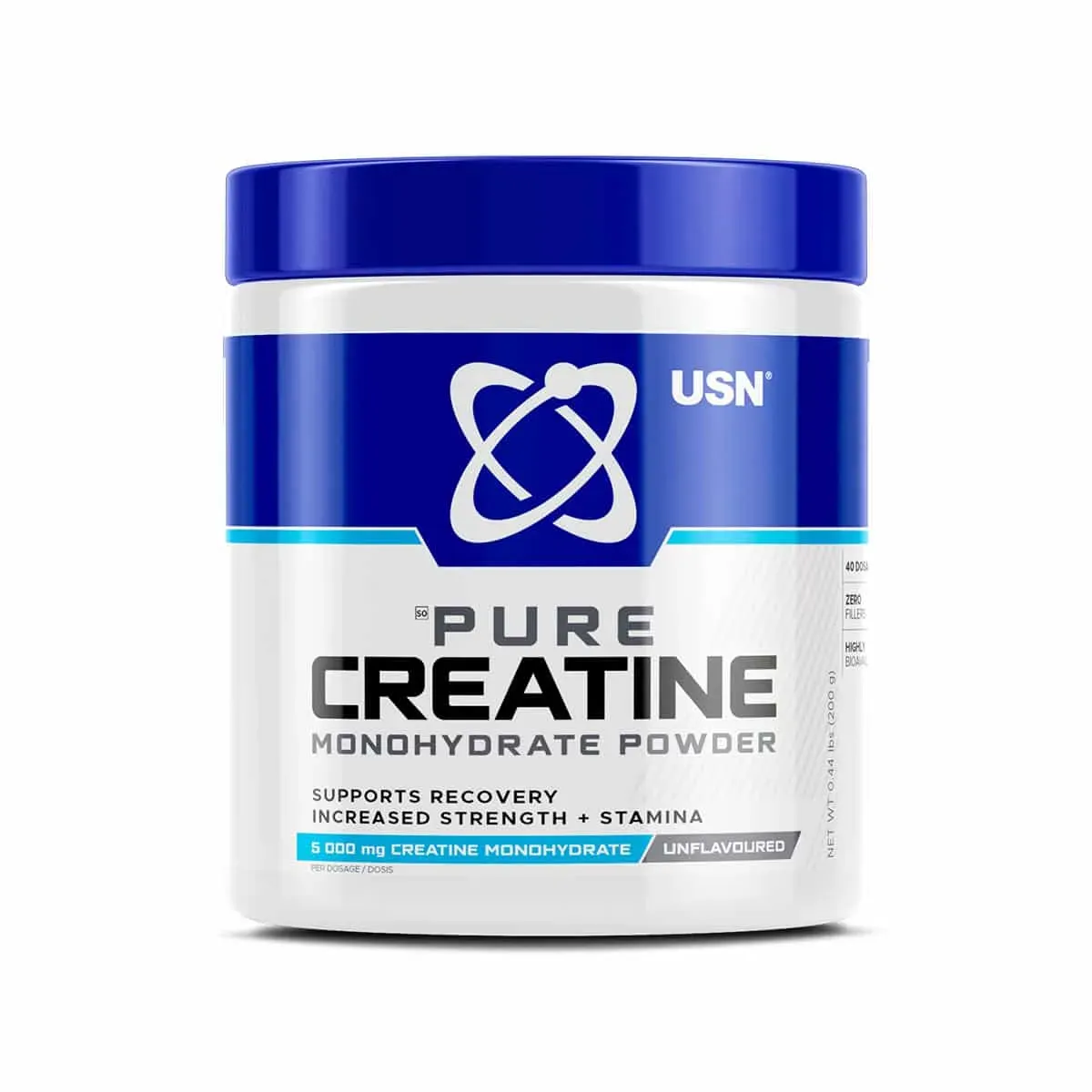 Front of USN Pure Creatine Monohydrate Powder 200 g tub, unflavoured