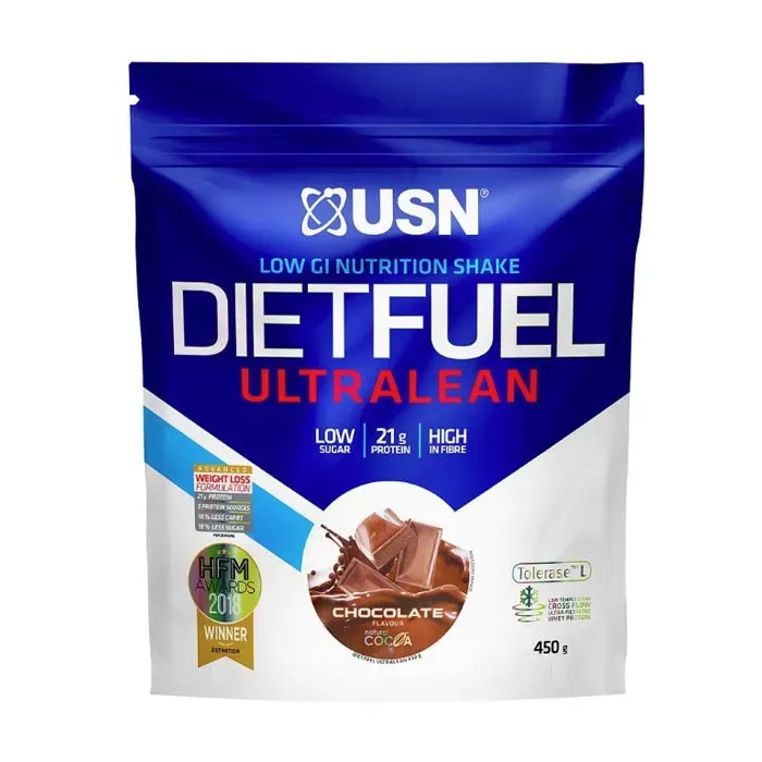Front of USN Diet Fuel Ultralean Chocolate Low GI Nutrition Shake 450 g pouch