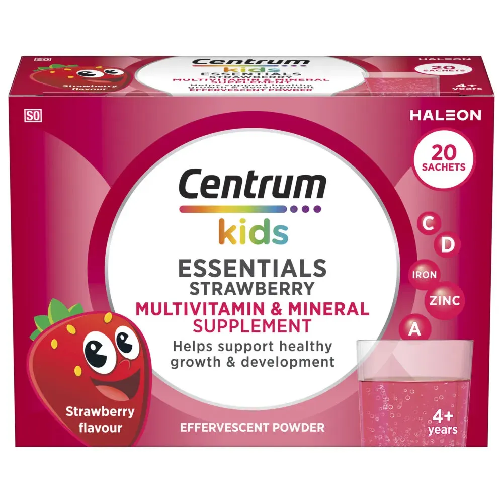Front of Centrum Kids Essentials Strawberry Effervescent Powder Sachets, 20 sachets box