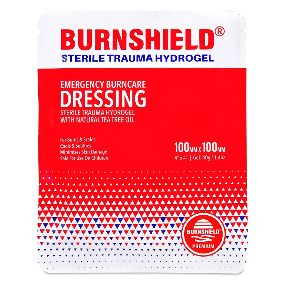 Front of Burnshield Sterile Trauma Hydrogel Dressing 100mm x 100mm pouch