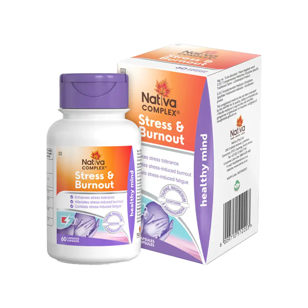 Nativa Complex Stress & Burnout bottle and box, 60 capsules, with barcode visible