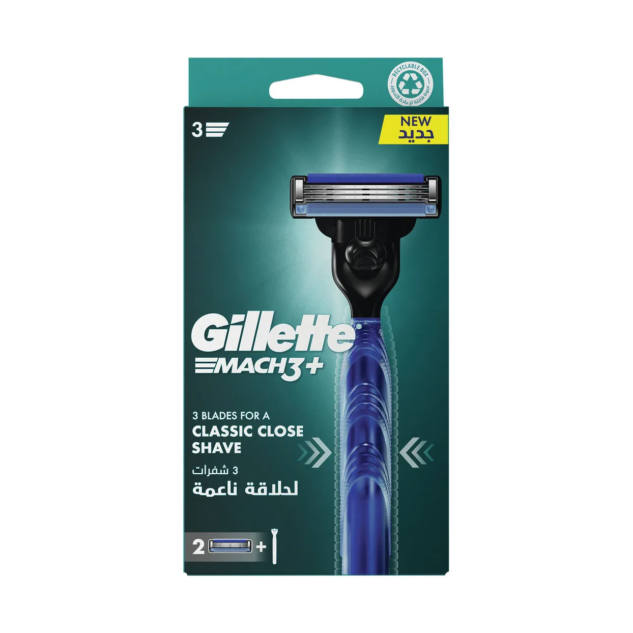 Front of Gillette Mach3+ Manual Razor pack, 2 up (handle + 2 cartridges)