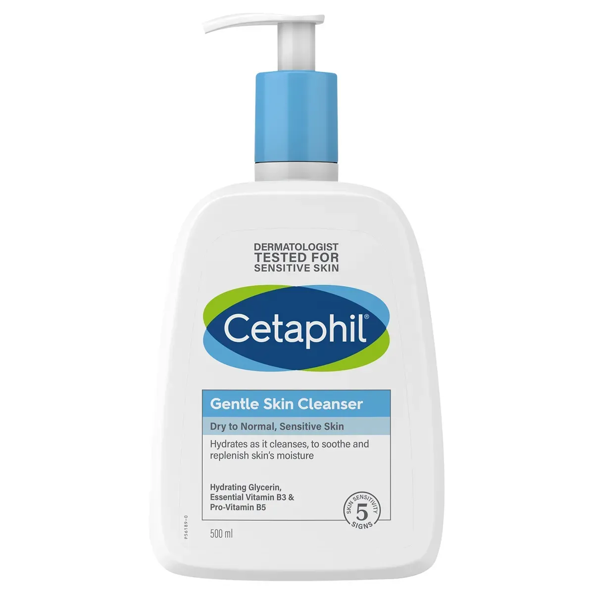 Front view of Cetaphil Gentle Skin Cleanser Pump 500 ml bottle on white background