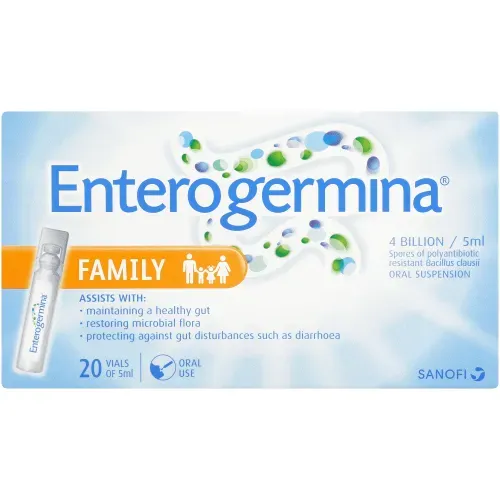 Front of Enterogermina Family 4 Billion oral suspension, 20 vials of 5 ml