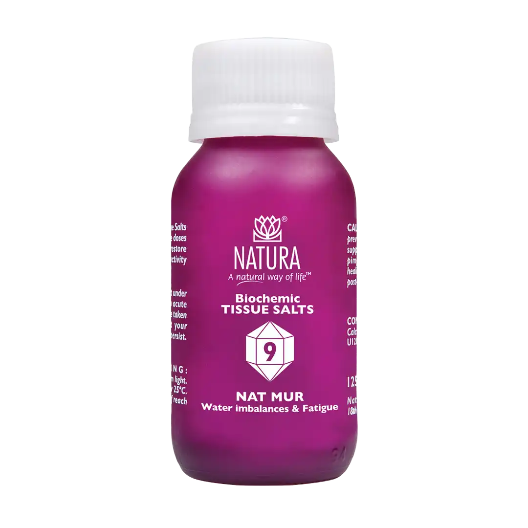 Front of Natura Nat Mur 9 Biochemic Tissue Salts 125 tablets bottle on white background