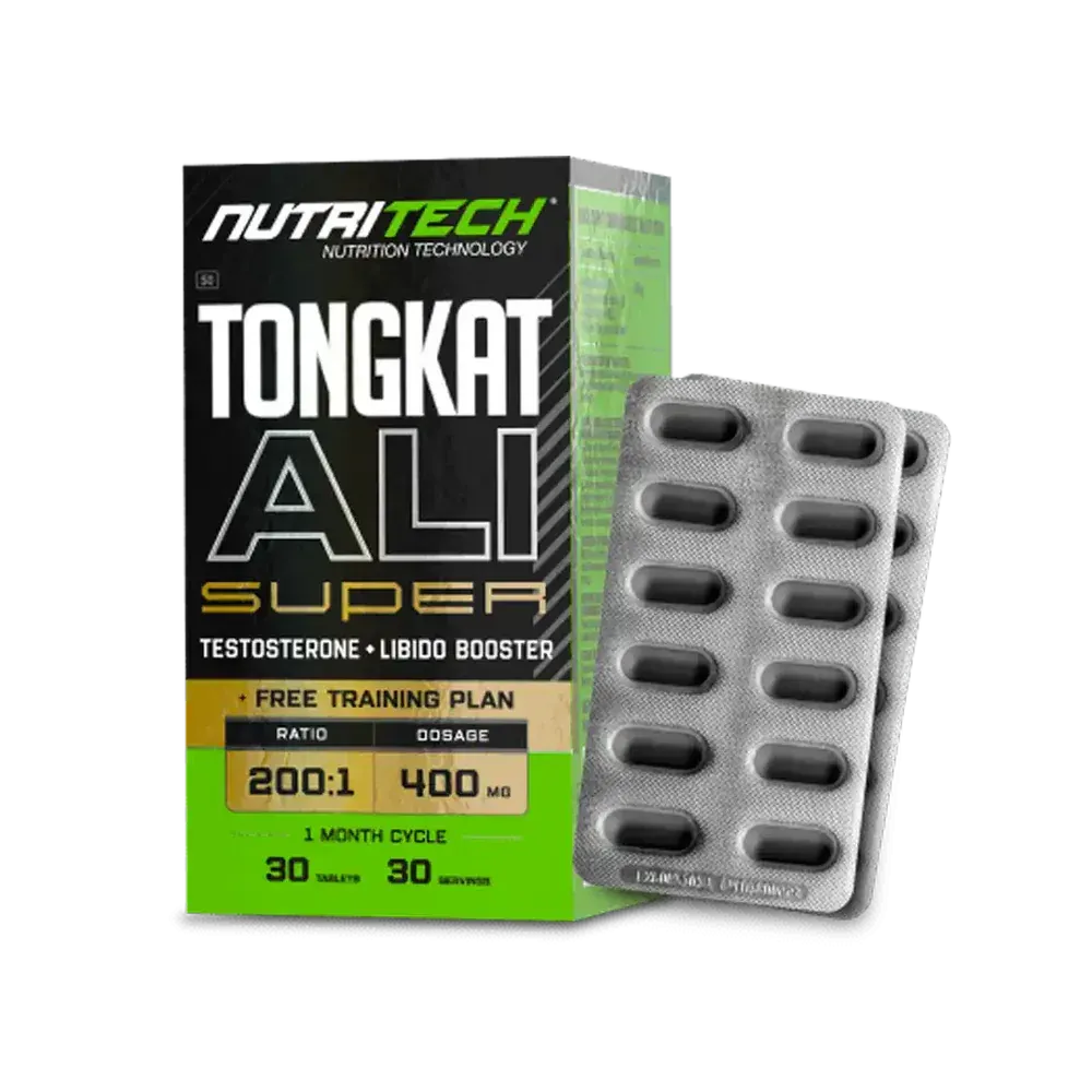 Front of Nutritech Tongkat Ali Super 30 Tablets box with blister pack