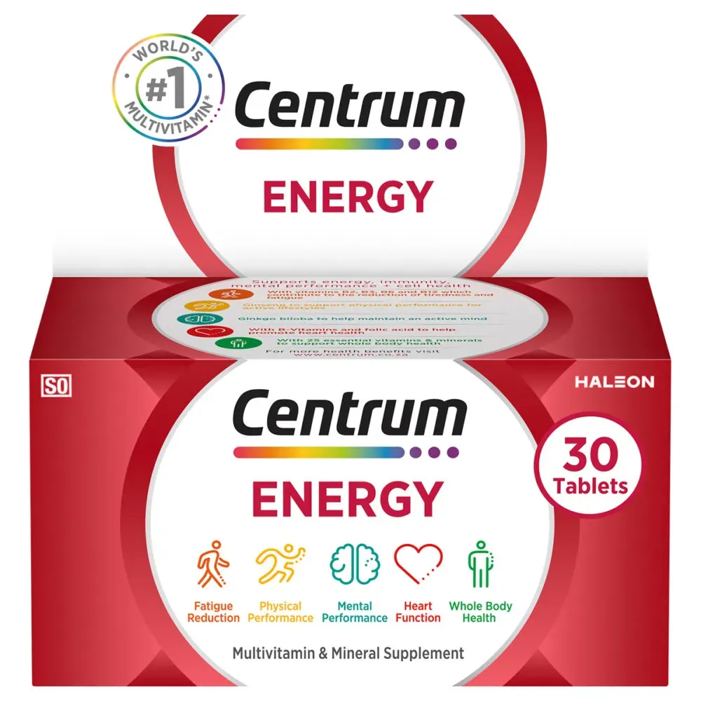 Front of Centrum Energy Multivitamin & Mineral Supplement box, 30 tablets