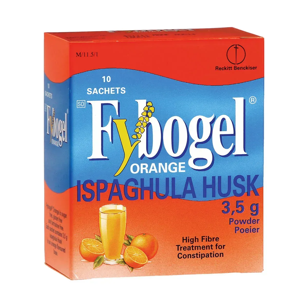 Angled view of Fybogel Orange Ispaghula Husk 10 sachets box