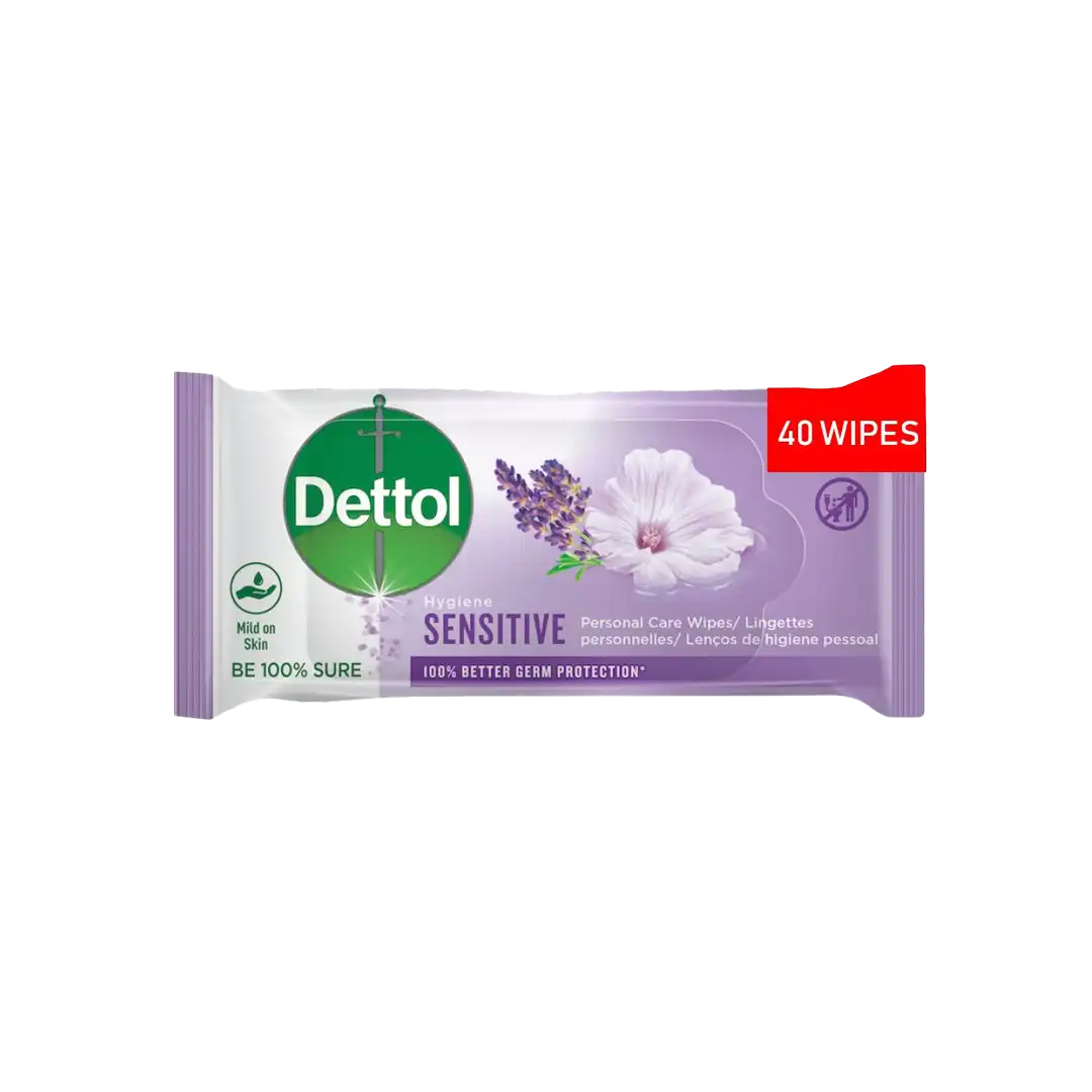 Front of Dettol Hygiene Wipes Sensitive 40's pack on white background