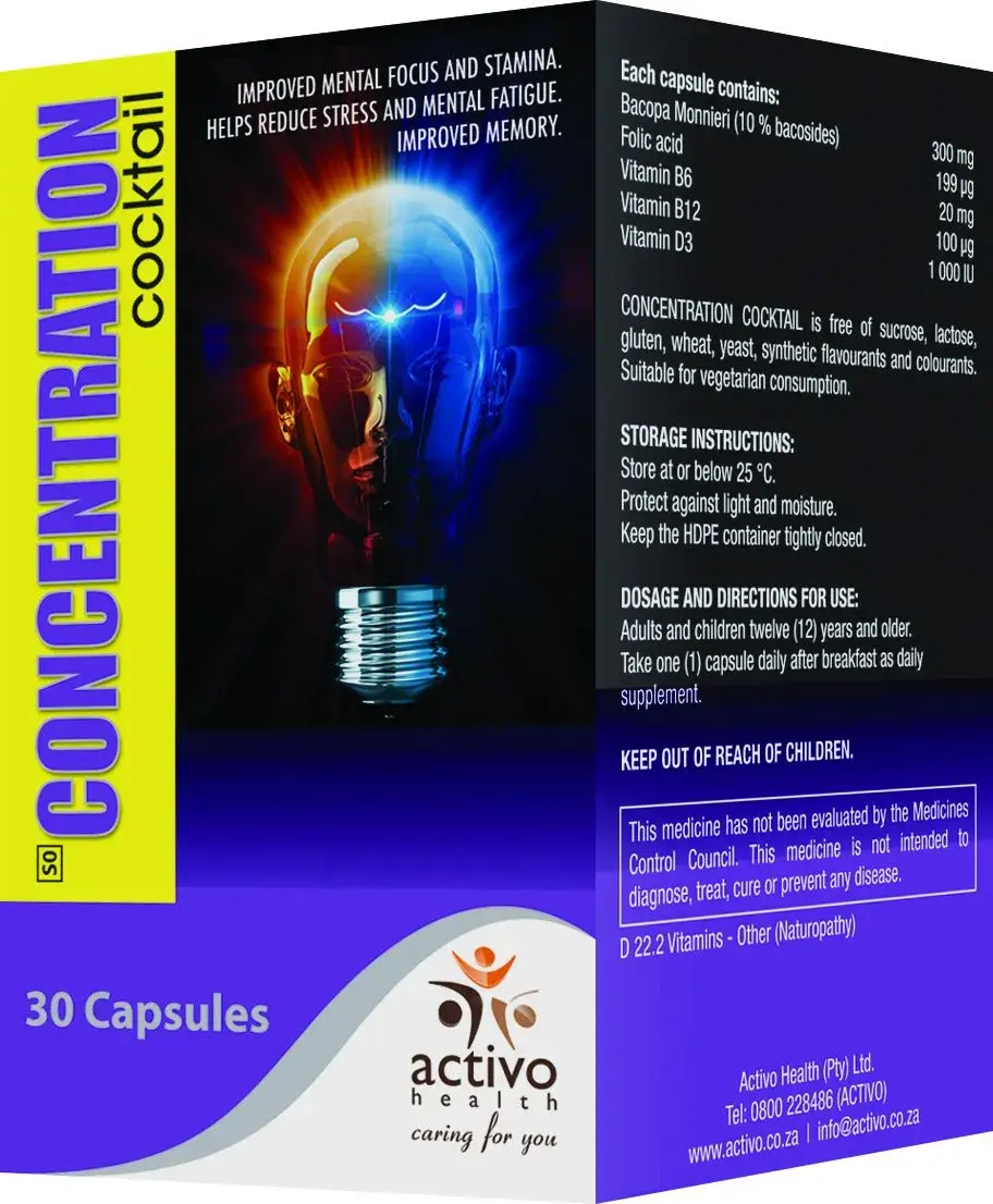 Front and side panel of Activo Health Concentration Cocktail 30 Capsules box