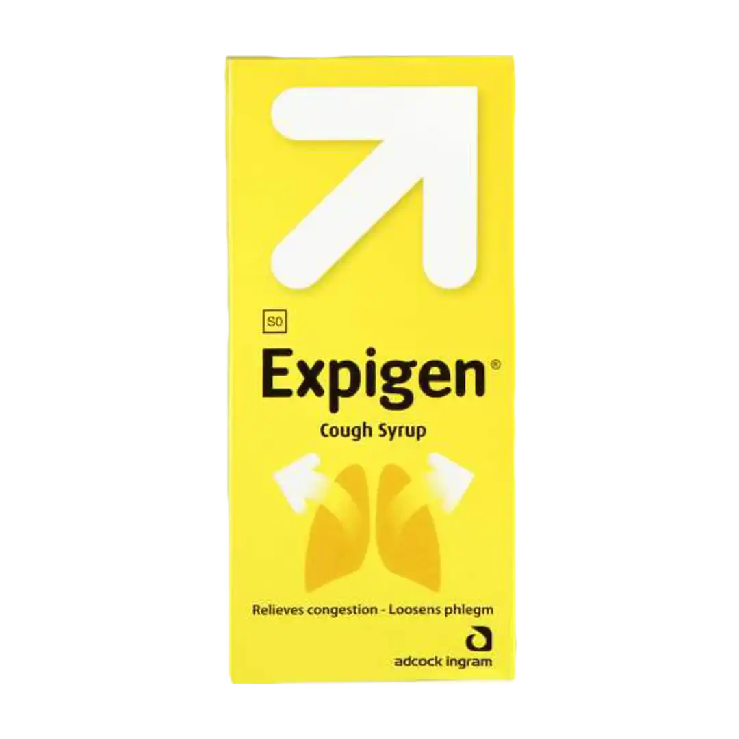 Front of Adcock Ingram Expigen Cough Syrup 100 ml box on white background