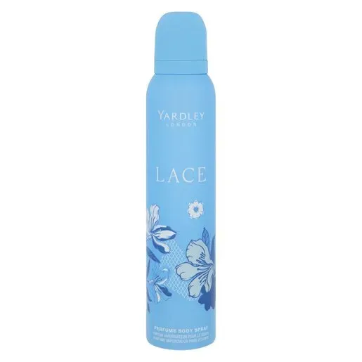 Front of Yardley Lace Perfume Body Spray 150ml can on white background