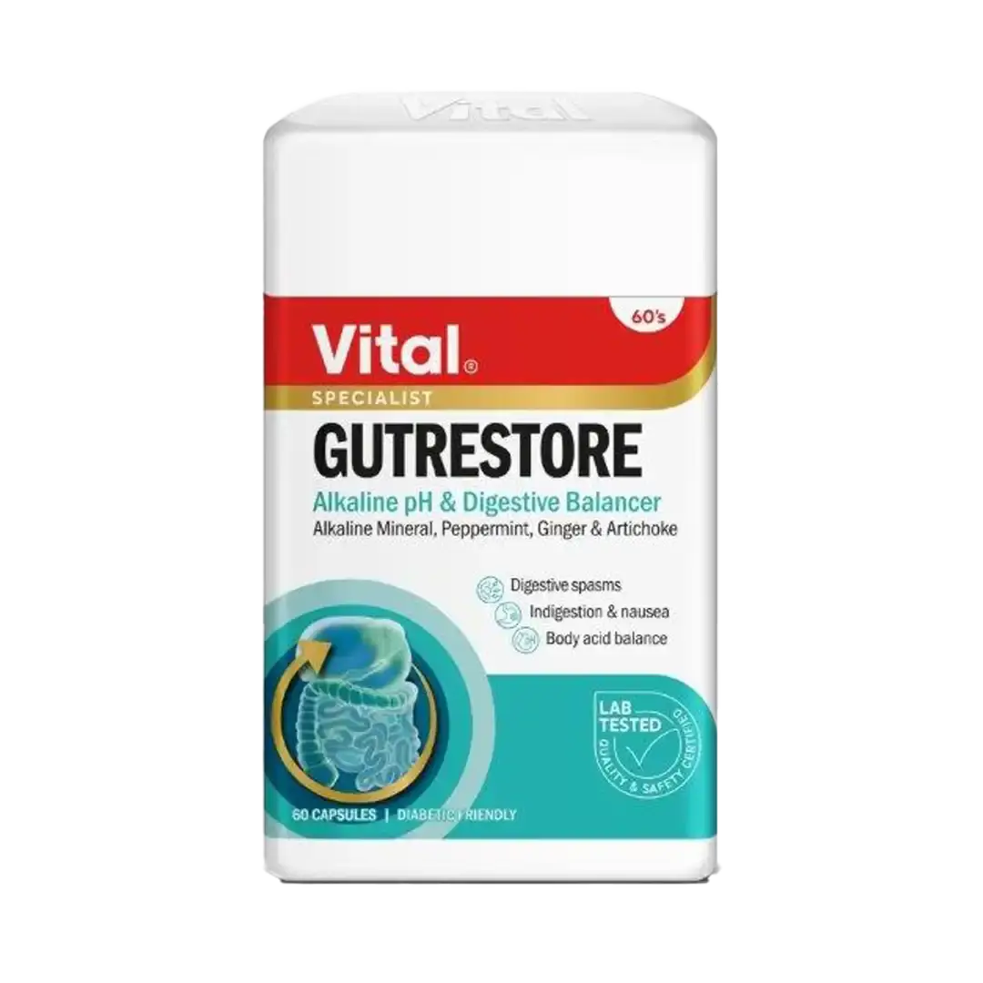 Front of Vital Health Foods Gutrestore capsules 60's on white background