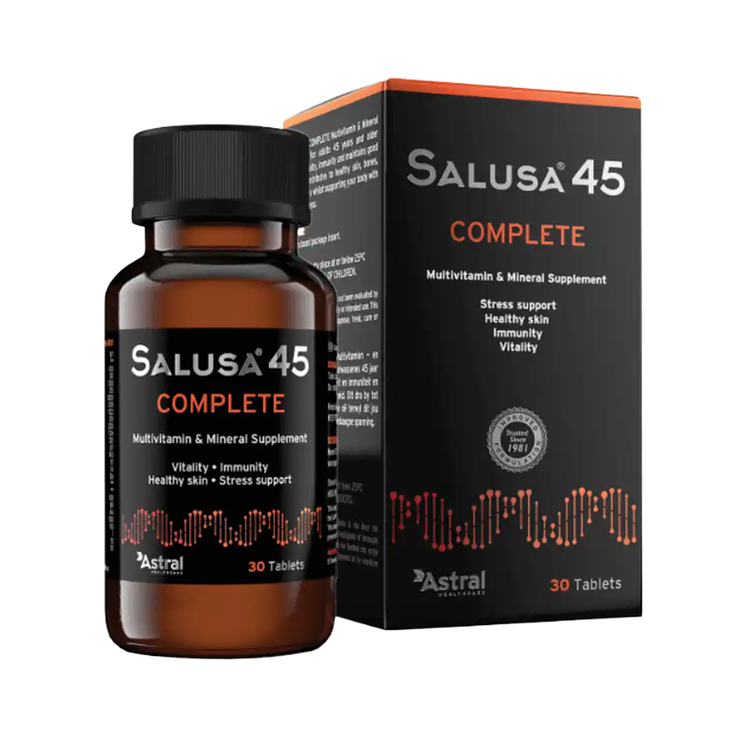 Front of Salusa 45 Complete Multivitamin & Mineral Supplement bottle and box, 30 tablets, high resolution