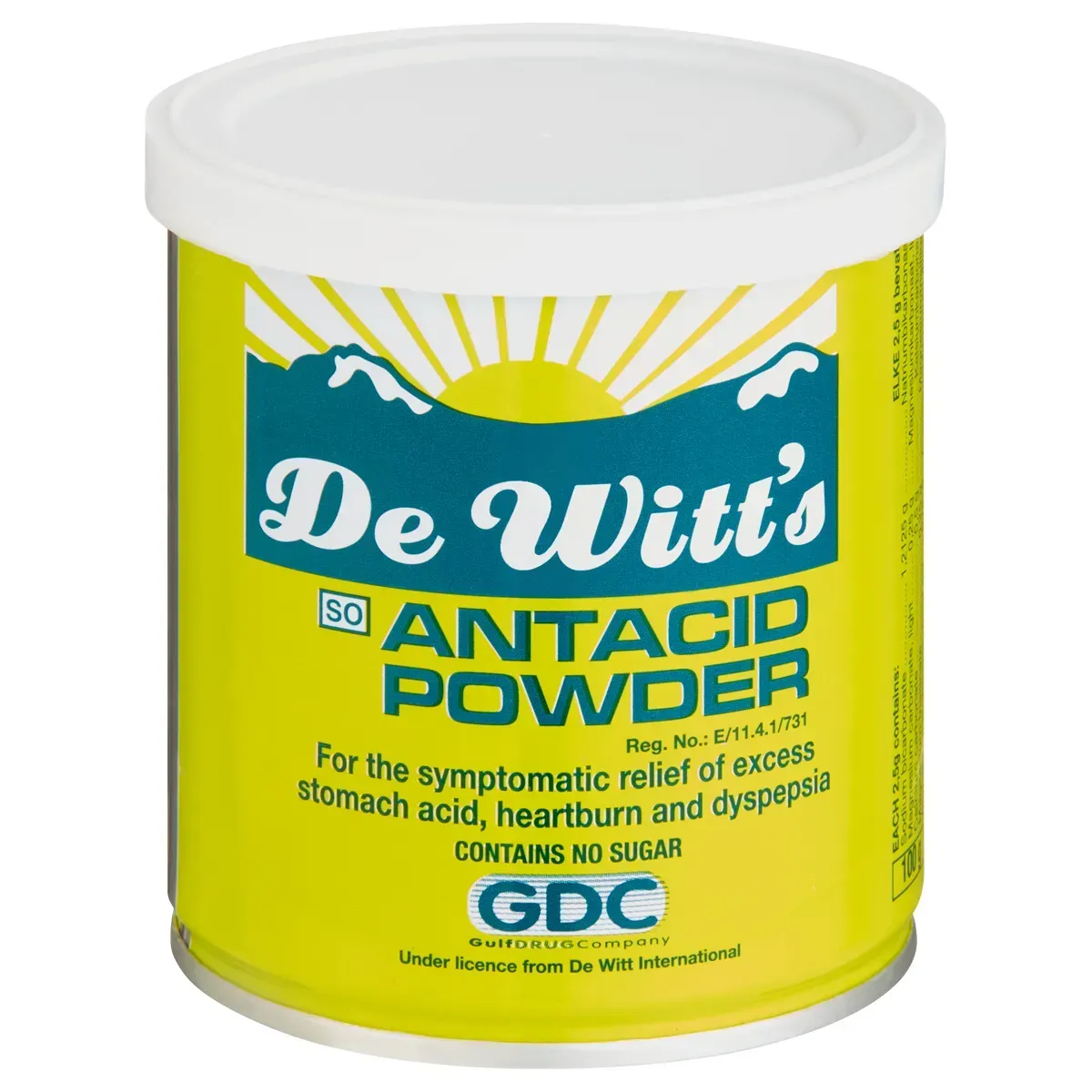 Front of De Witt's Antacid Powder 100 g tin on white background
