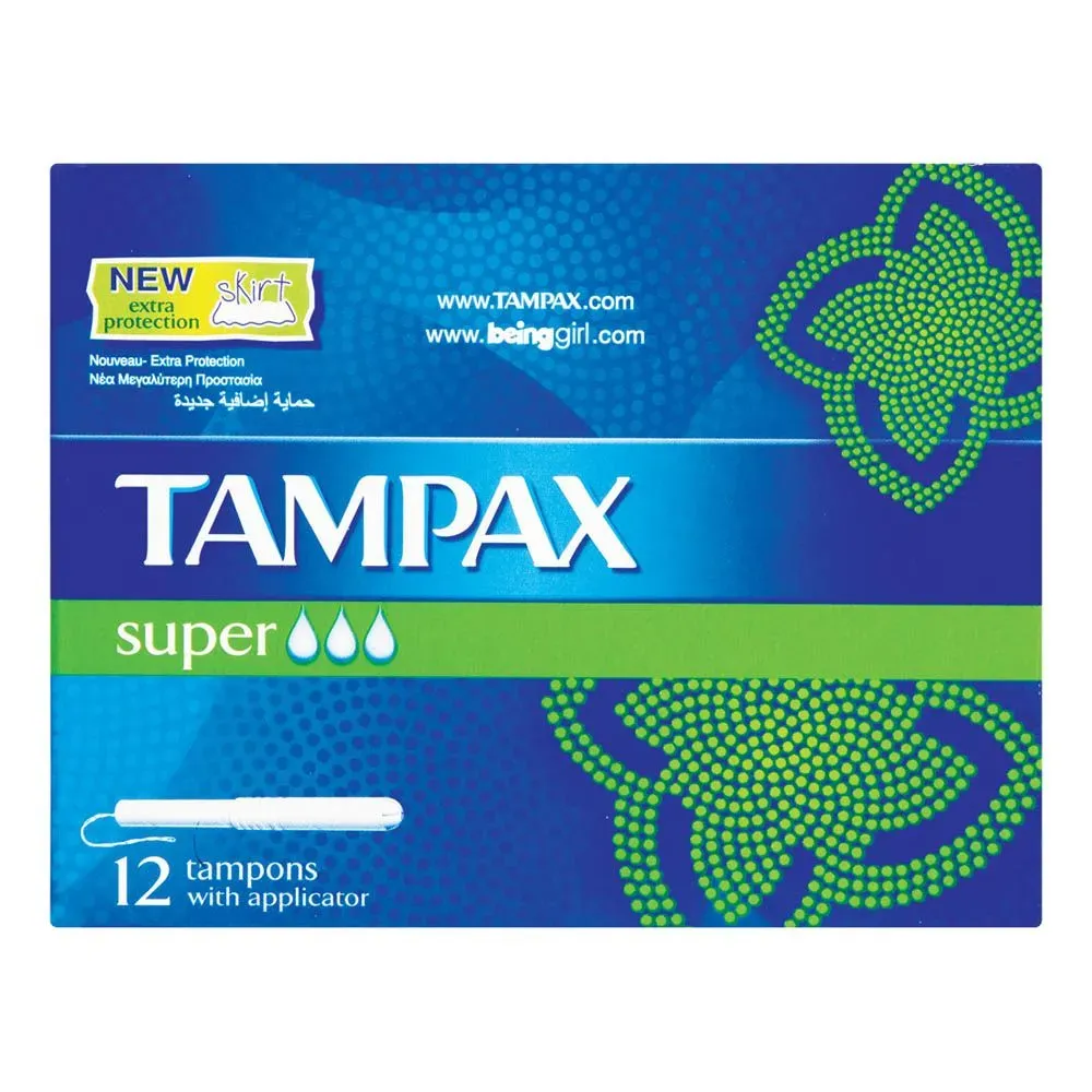 Front of Tampax Super Tampons with applicator, box of 12