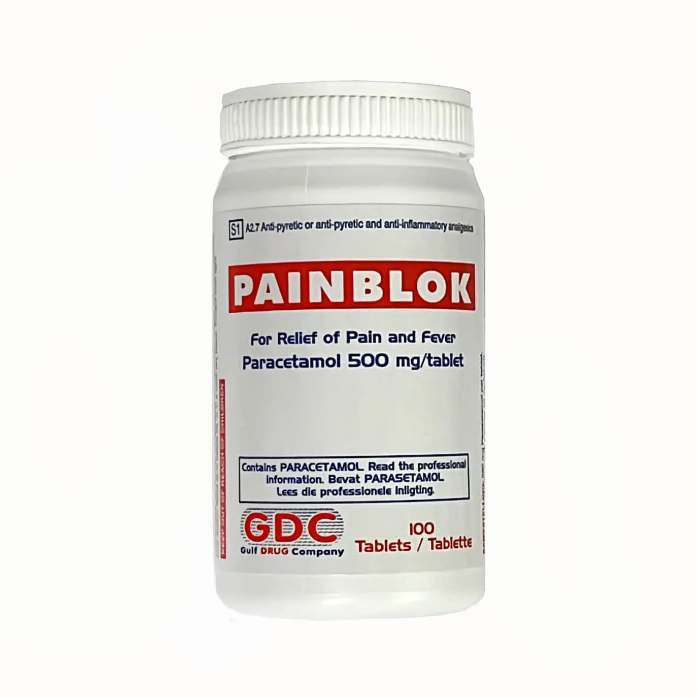 Front of Painblok 500mg Paracetamol tablets bottle, 100 tablets