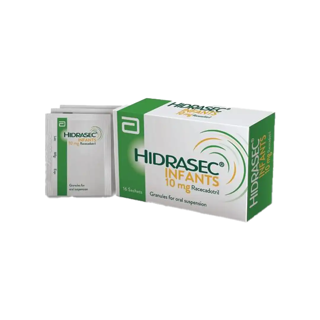 Angled view of Hidrasec Infants 10 mg Racecadotril 16 sachets box with sachet, higher resolution
