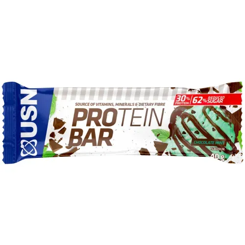 Front of USN Protein Bar Chocolate Mint flavour 40 g wrapper