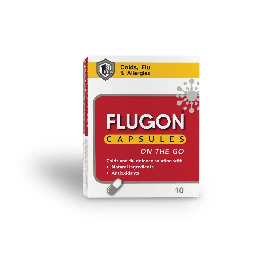 Angled studio shot of Flugon Capsules 10's box on white background