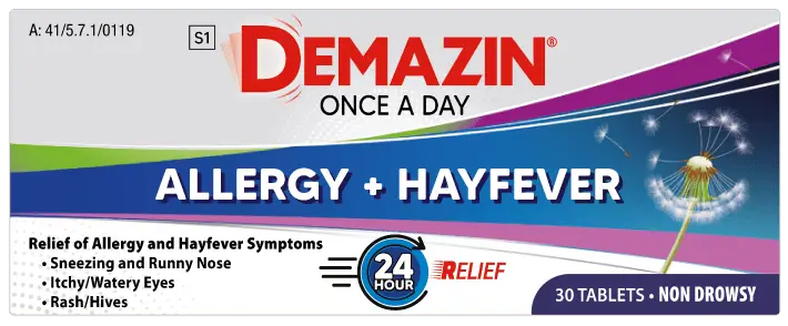 Front of Demazin Once a Day Allergy + Hayfever Tablets 10mg, pack of 30