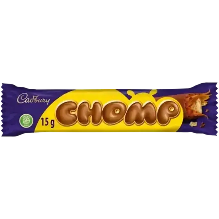 Front of Cadbury Chomp chocolate bar 15 g on white background