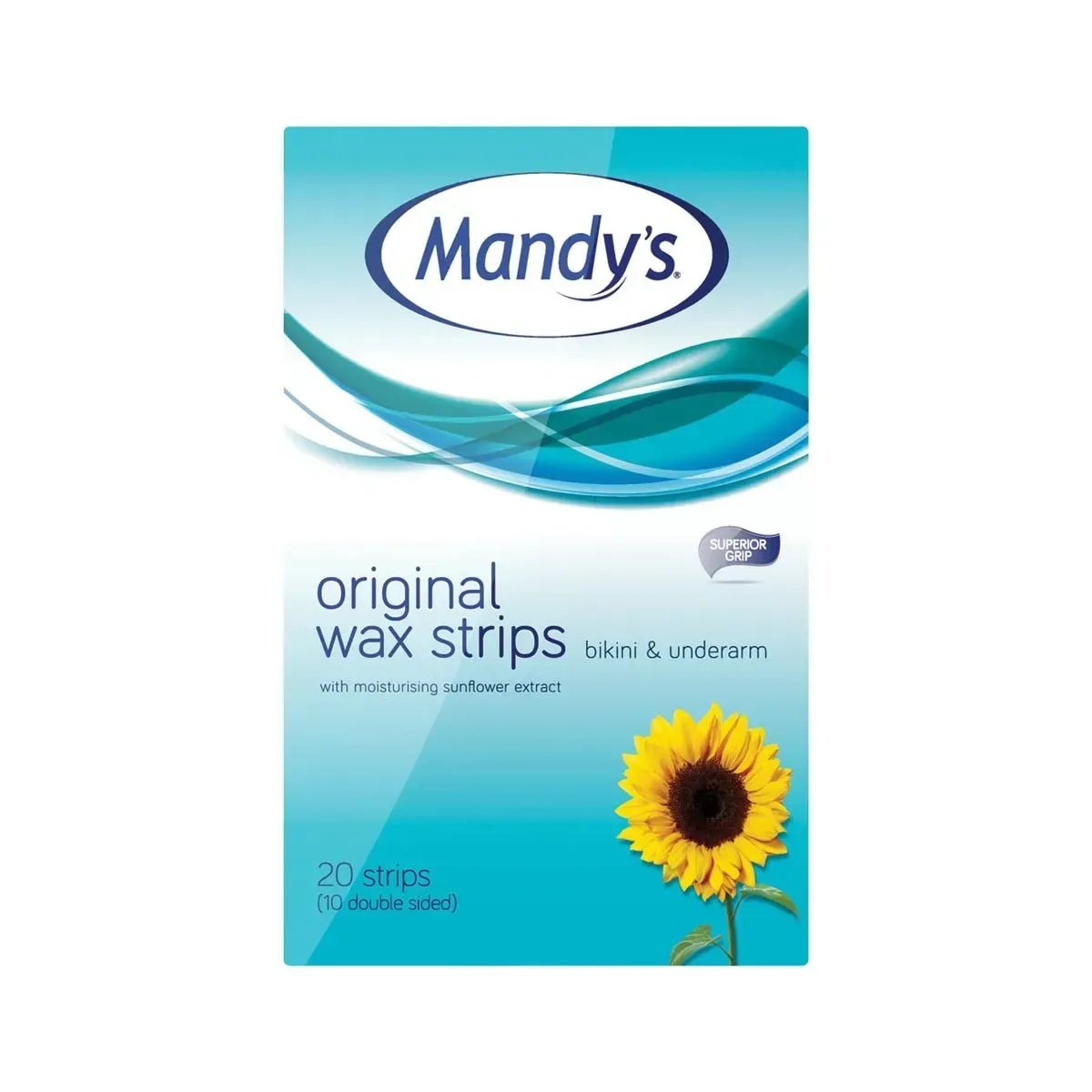 Front of Mandy's Original Wax Strips Bikini & Underarm, 20 strips, on white background