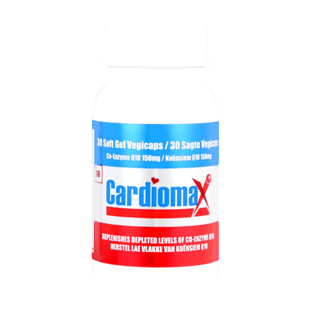 Front of Cardiomax Q10 150mg Soft Gel Vegicaps, 30's bottle