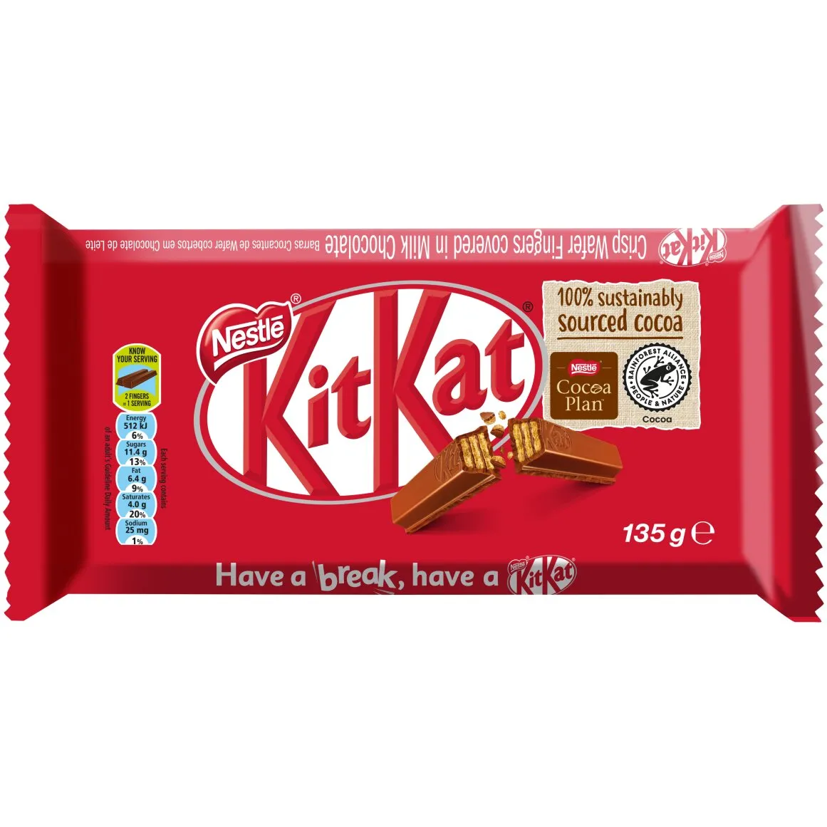 Front of Nestlé KitKat Milk Chocolate 11 Finger Bar 135g