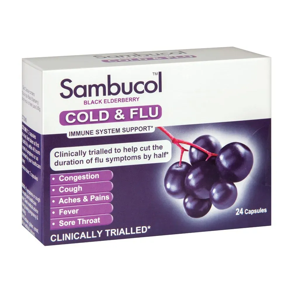Front of Sambucol Black Elderberry Cold & Flu Capsules, 24 capsules