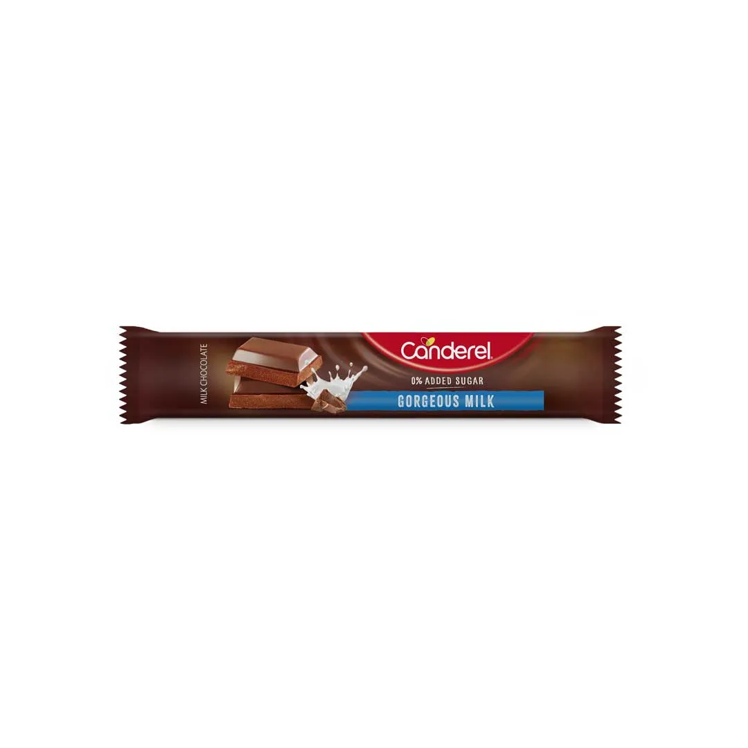 Front of Canderel 0% Added Sugar Gorgeous Milk Chocolate Bar, 30g snack bar