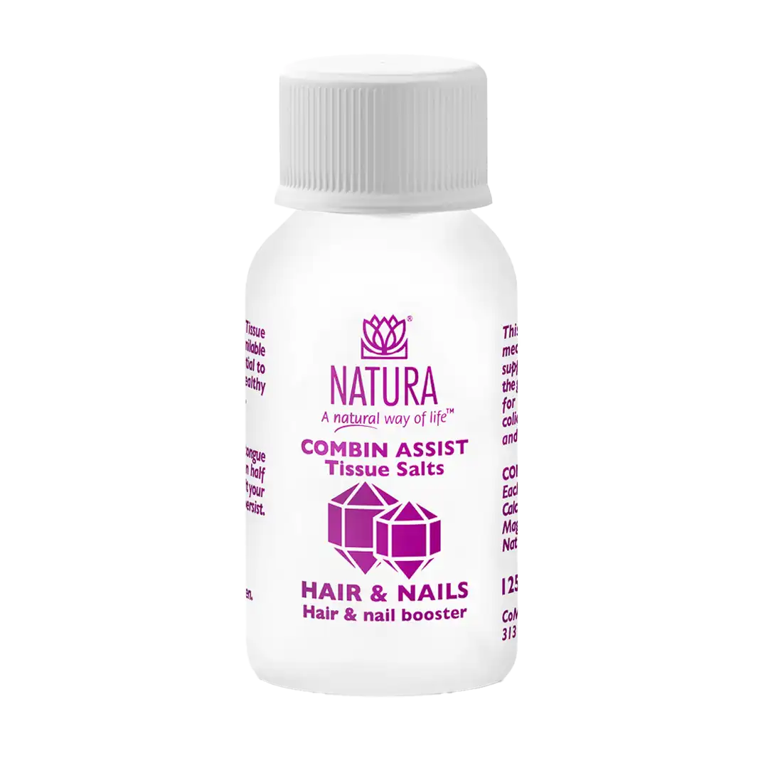 Front of Natura Combin Assist Hair & Nails Tissue Salts 125 tablets bottle, studio shot