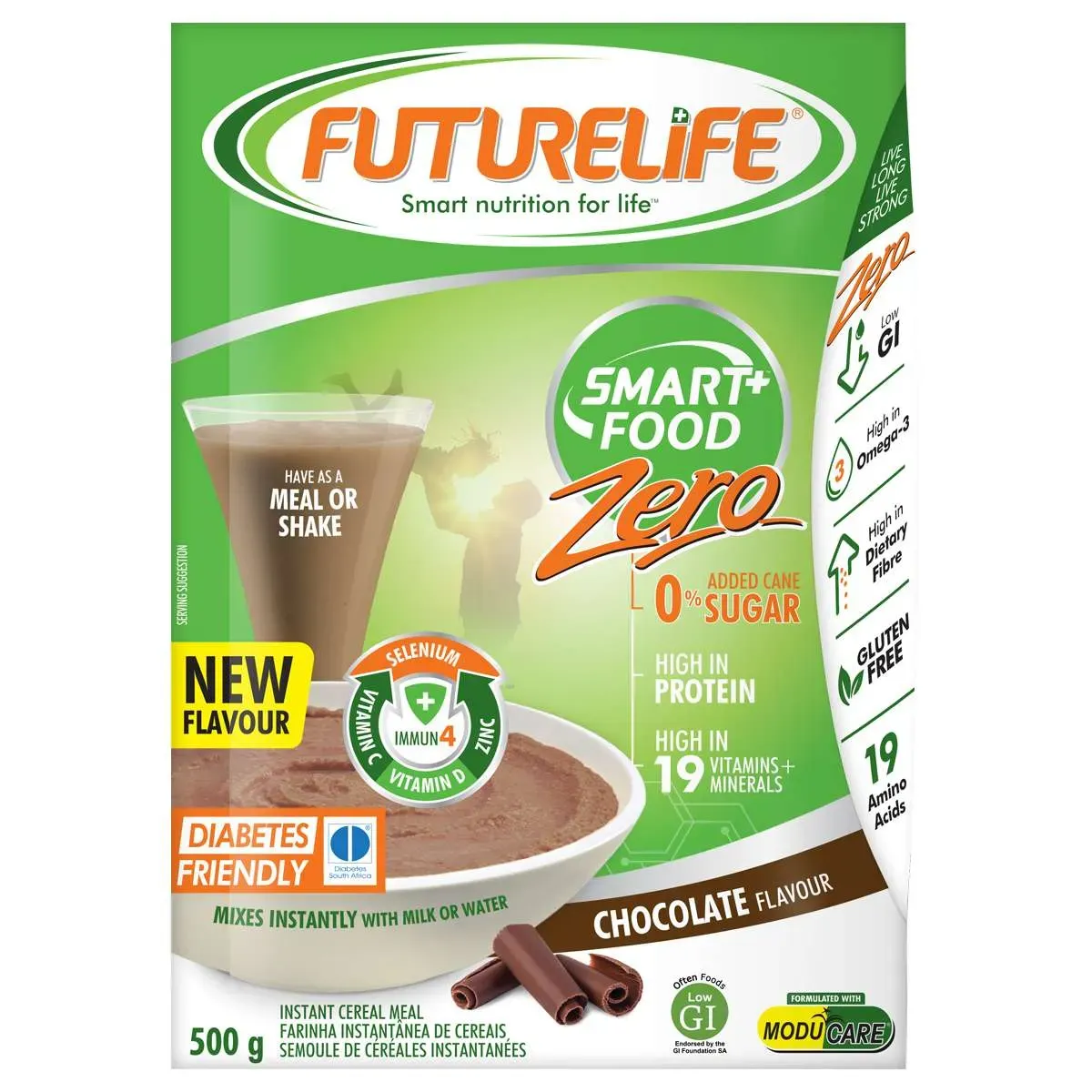 Front of FutureLife Zero Chocolate instant cereal meal 500 g pack