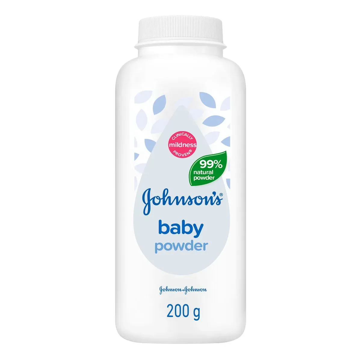 Front of Johnson's Baby Powder 99% Natural 200g bottle on white background