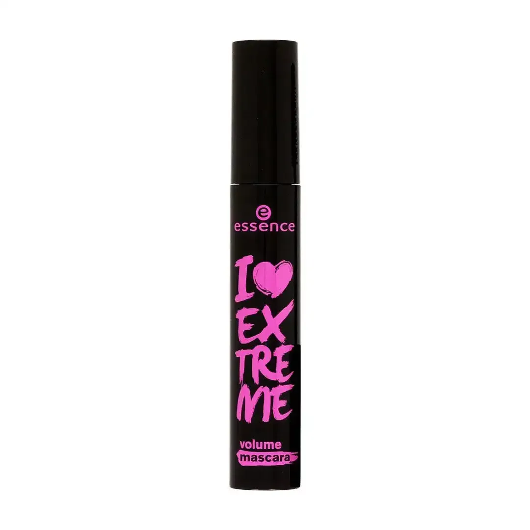 Front of Essence I Love Extreme Volume Mascara tube, closed, on white background
